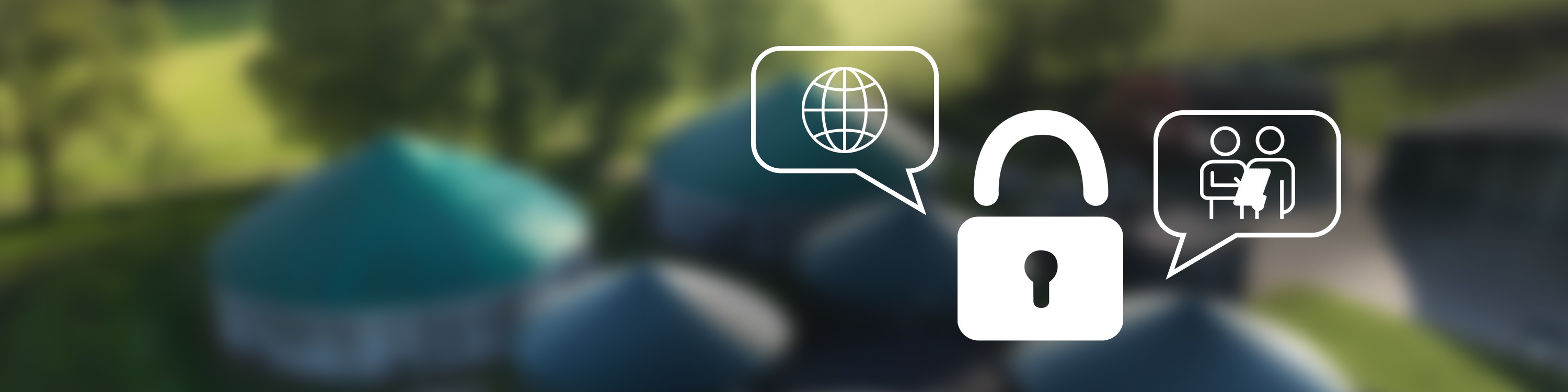 Biogasanlage im Hintergrund - Grafik Schloß Weltkugel und Personen im Gespräch als Icon